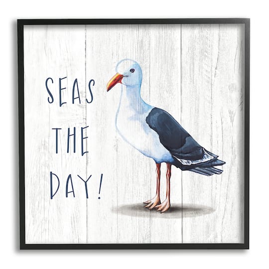 Stupell Industries Seas the Day Sentiment Rustic Nautical Seagull Bird in Frame Wall Art